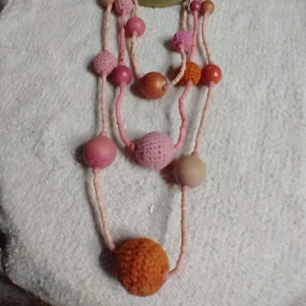 Long orange pink wood crochet beaded necklace boho